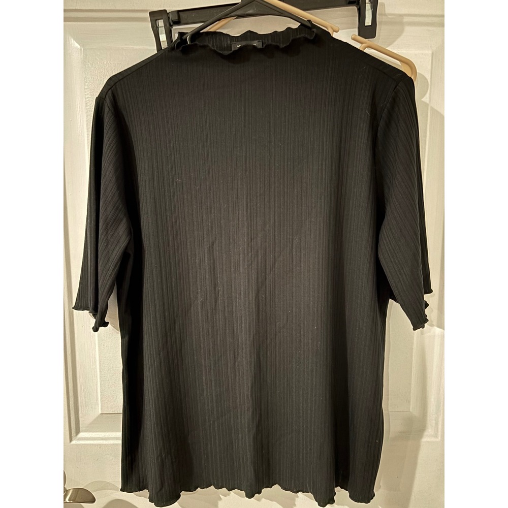 Ann Taylor‎ Factory Ribbed Ruffle Mock Neck Top Blouse Short Sleeve Black Sm